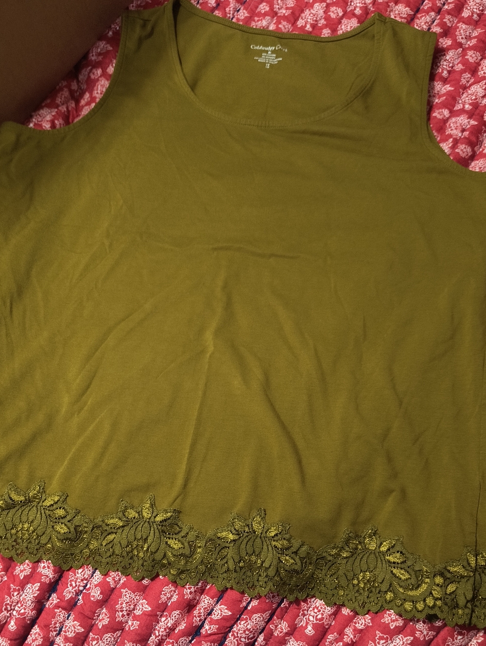 Coldwater Creek Olive Tank Top with Crochet Lace Trim